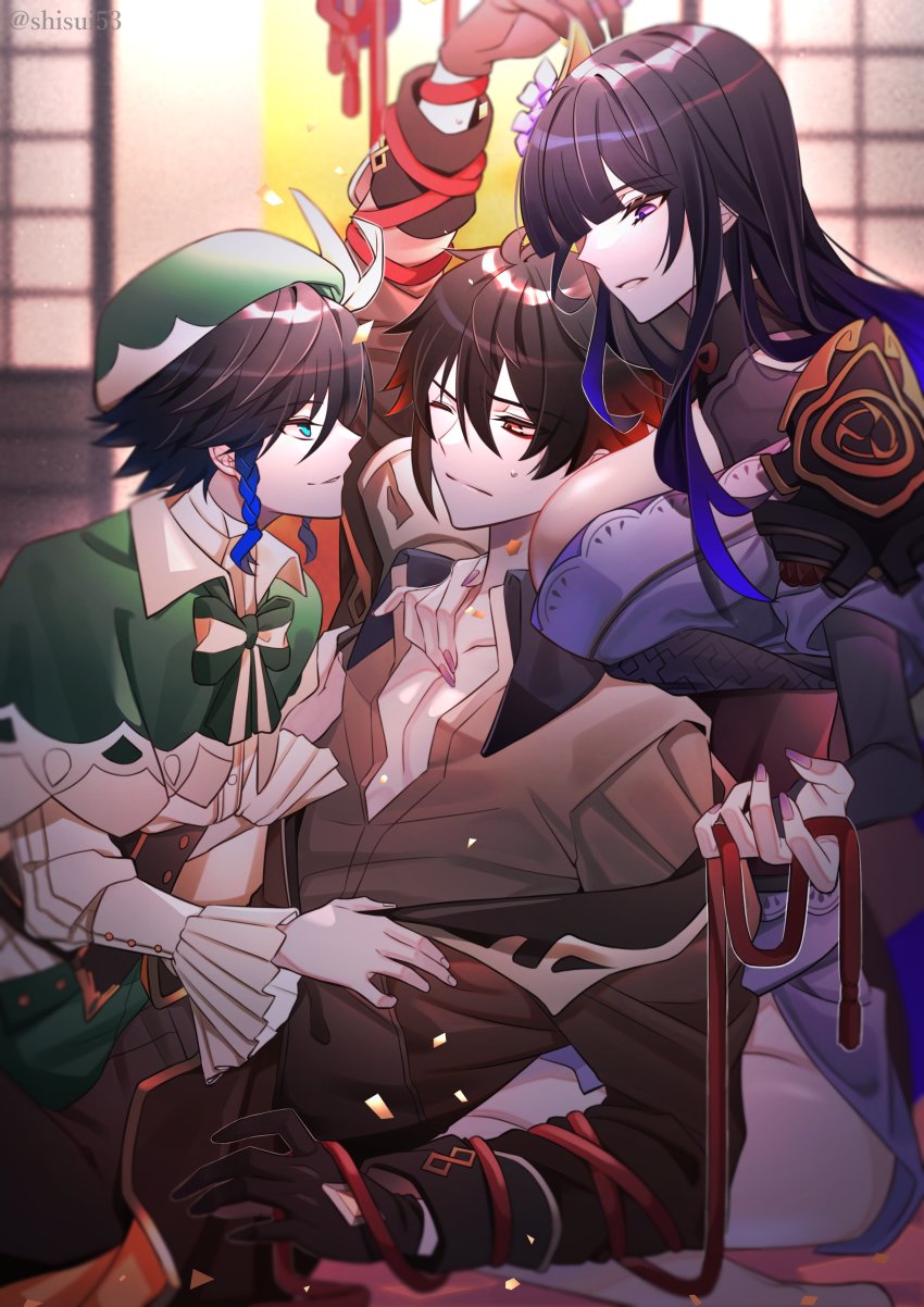 1girl, 2boys, absurdres, bdsm, black_gloves, blue_hair, blunt_bangs, blush