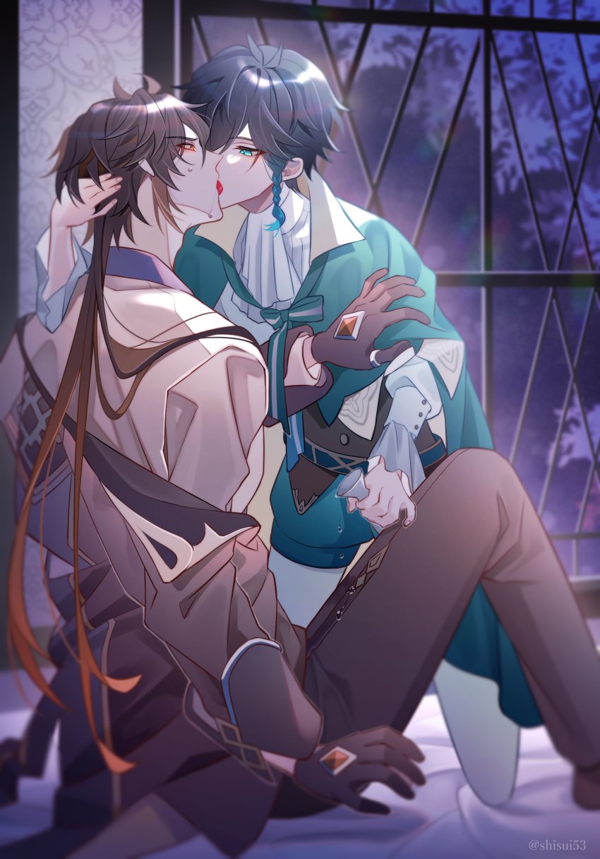 2boys, absurdres, antenna_hair, argyle_clothes, argyle_legwear, black_gloves, black_pants, blue_eyes