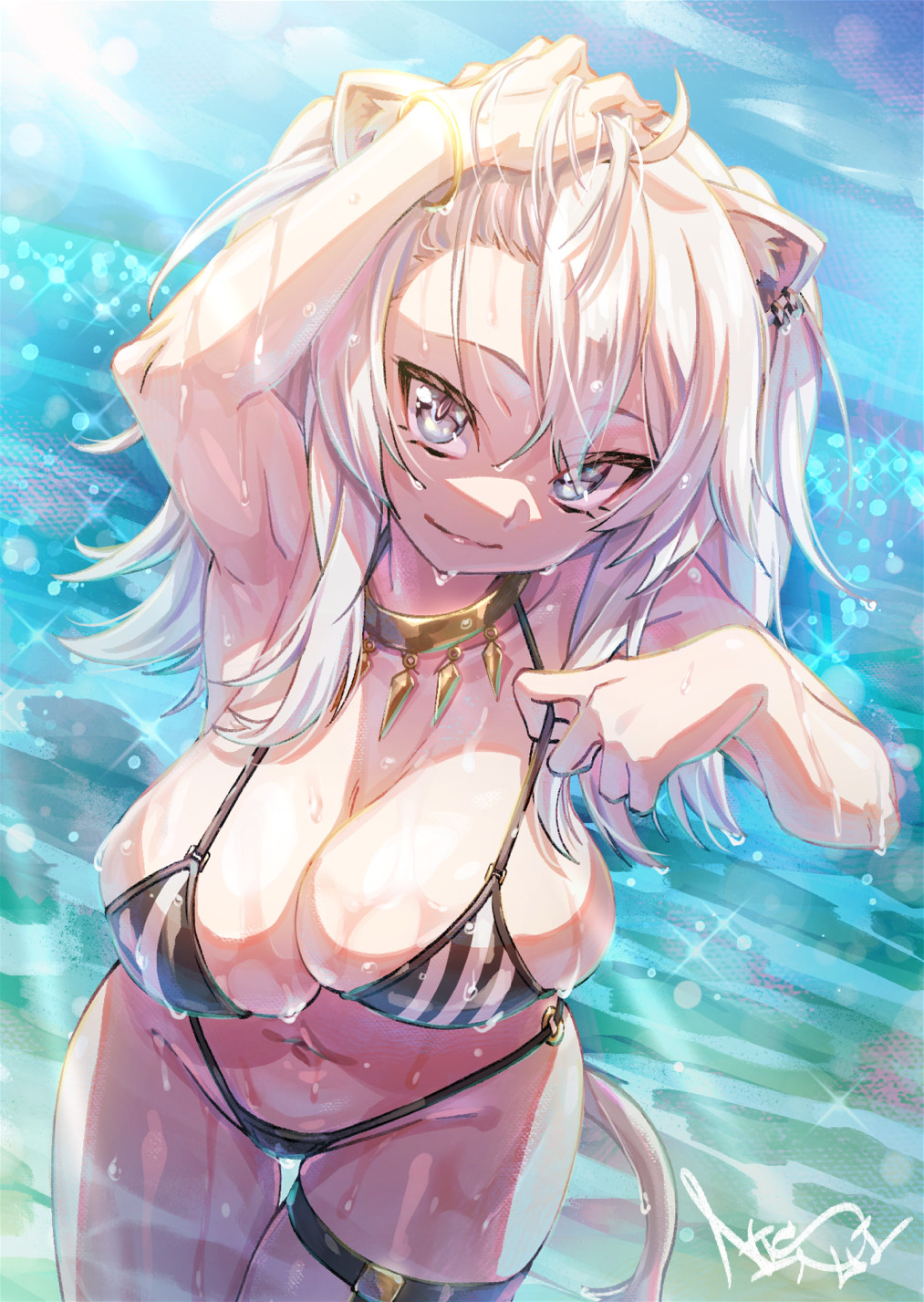 1girl, animal_ears, bangle, beach, bikini, bracelet, breast_lift, breasts, cleavage, closed_mouth, dutch_angle, earrings, forehead, hair_lift, hand_on_own_head, highres, hololive, jewelry, large_breasts, leaning_forward, lion_ears, lion_girl, lion_tail, long_bangs, looking_at_viewer, navel, necklace, nisui_noki, o-ring, o-ring_bikini, ocean, shishiro_botan, sky, smile, solo, strap_pull, string_bikini, sunlight, swimsuit, tail, thigh_gap, thigh_strap, tsurime, unaligned_breasts, virtual_youtuber, wading, wet