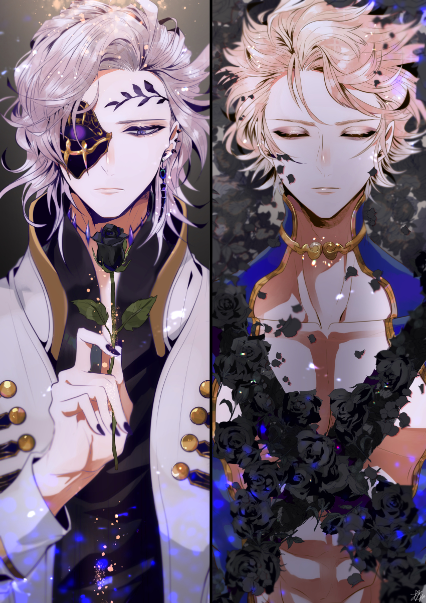 2boys, absurdres, blonde_hair, brothers, closed_eyes, flower, highres, male_focus, multiple_boys, nail_polish, poseidon_(shuumatsu_no_valkyrie), rose, short_hair, shuumatsu_no_valkyrie, siblings, sirofuku414, white_hair