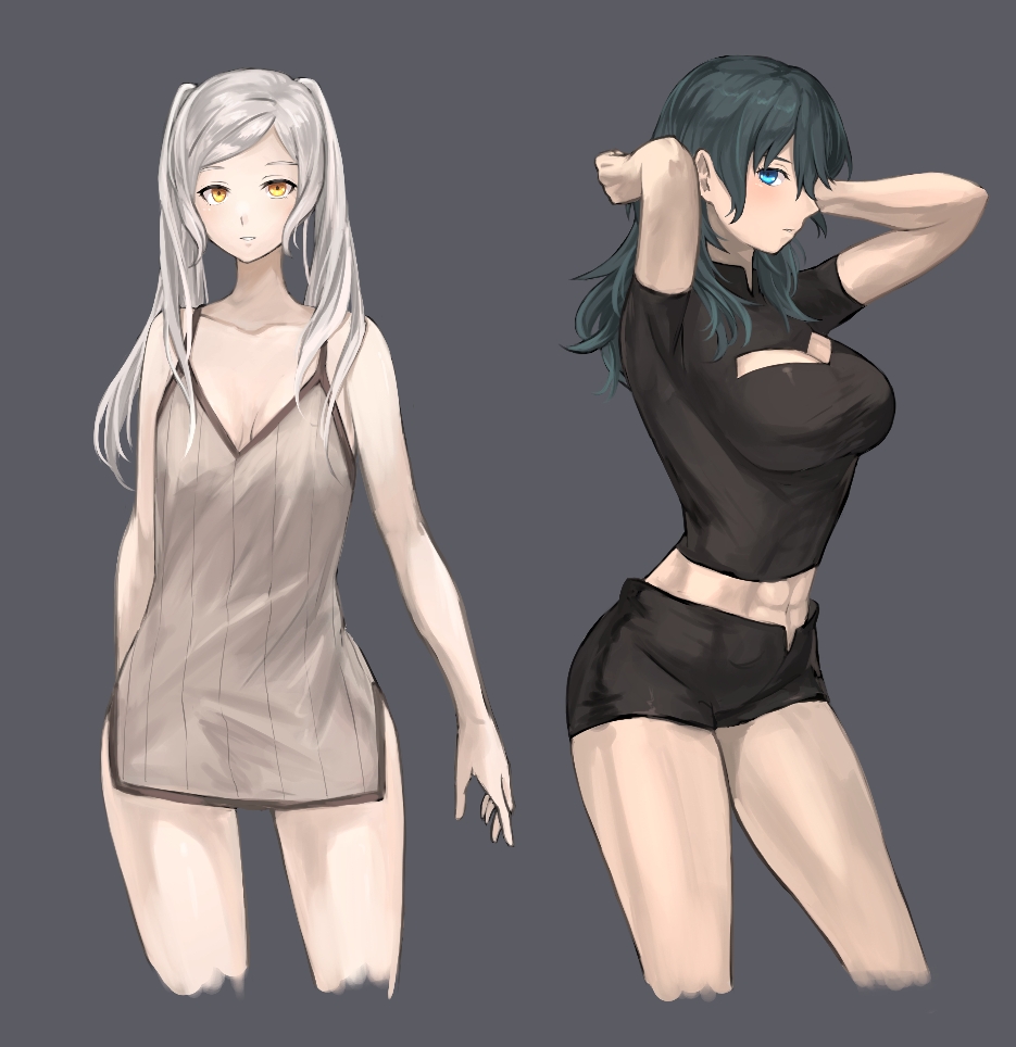 2girls, abs, bare_shoulders, black_shirt, black_shorts, blouse, blue_eyes, blue_hair, breasts, bustier, cleavage, cleavage_cutout, clothing_cutout, collarbone, cropped_legs, female_byleth_(fire_emblem), female_robin_(fire_emblem), fire_emblem, grey_hair, hand_in_own_hair, large_breasts, long_shirt, medium_breasts, medium_hair, midriff, multiple_girls, navel, nintendo, shirt, short_sleeves, shorts, simple_background, sleeveless, sleeveless_shirt, yellow_eyes, zuzu_(ywpd8853)