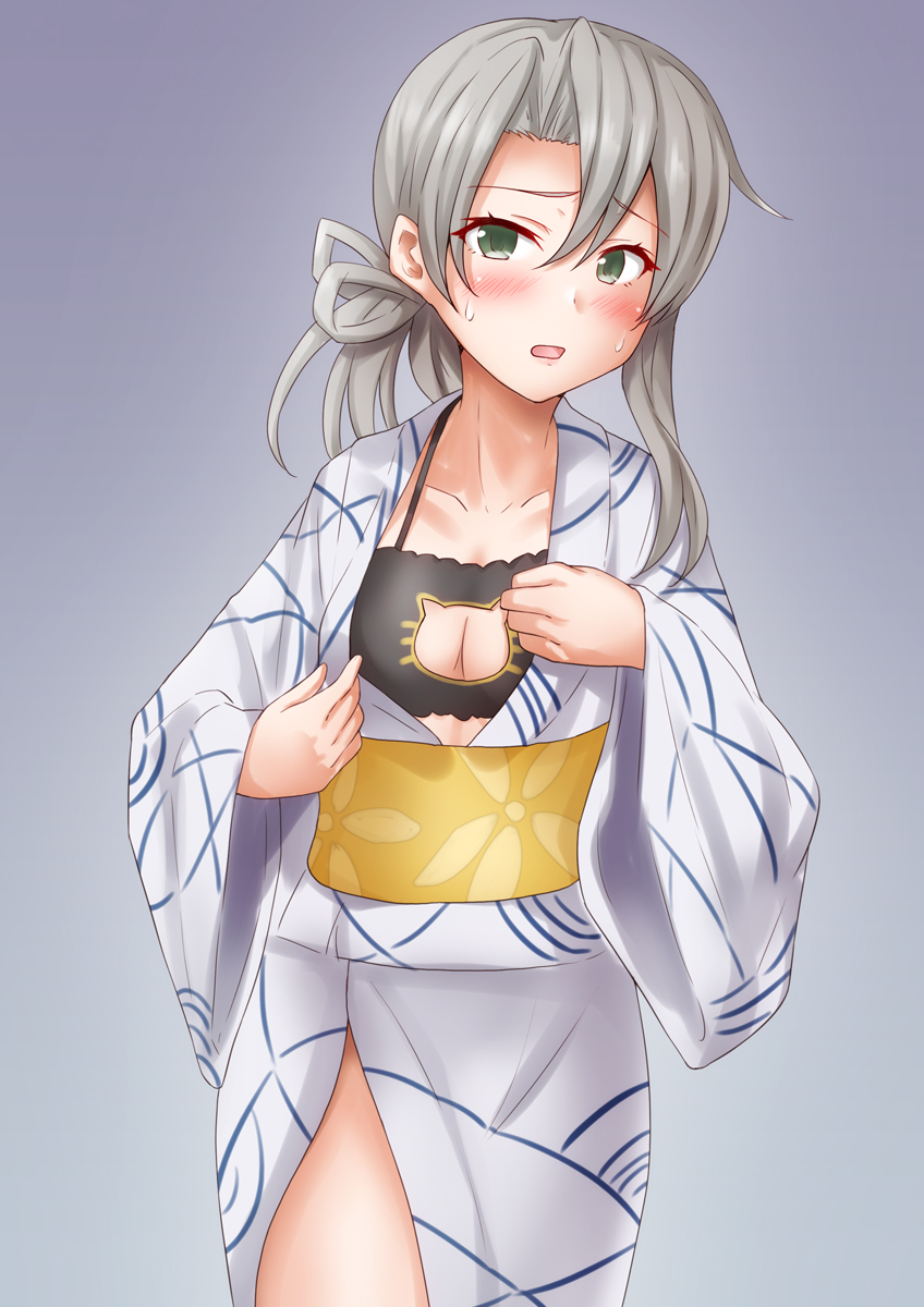 1girl, anti_(untea9), asymmetrical_hair, black_bra, blush, bra, breasts, cat_cutout, cat_lingerie, clothing_cutout, collarbone, cosplay, cowboy_shot, flipped_hair, frilled_bra, frills, gradient_background, green_eyes, grey_background, grey_eyes, hair_between_eyes, hamakaze_(kancolle), hamakaze_(kancolle)_(cosplay), hamakaze_(yukata)_(kancolle), highres, japanese_clothes, kantai_collection, kimono, long_hair, looking_at_viewer, nowaki_(kancolle), nowaki_(yukata)_(kancolle), obi, open_clothes, open_kimono, open_mouth, sash, small_breasts, solo, sweat, sweatdrop, underwear, yukata