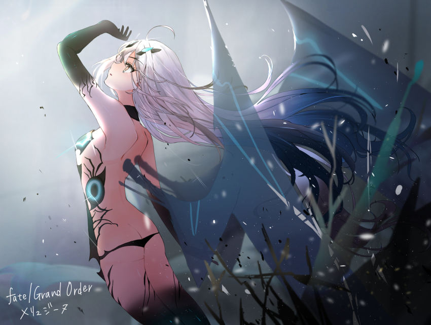 1girl, ahoge, ameshiki, arm_up, black_panties, butt_crack, copyright_name, dragon_girl, dragon_wings, melusine_(fate), melusine_(third_ascension)_(fate), fate/grand_order, fate_(series), from_behind, gradient_hair, hand_up, highres, long_hair, looking_up, multicolored_hair, panties, parted_lips, profile, revealing_clothes, solo, thighs, underwear, white_hair, wings, yellow_eyes