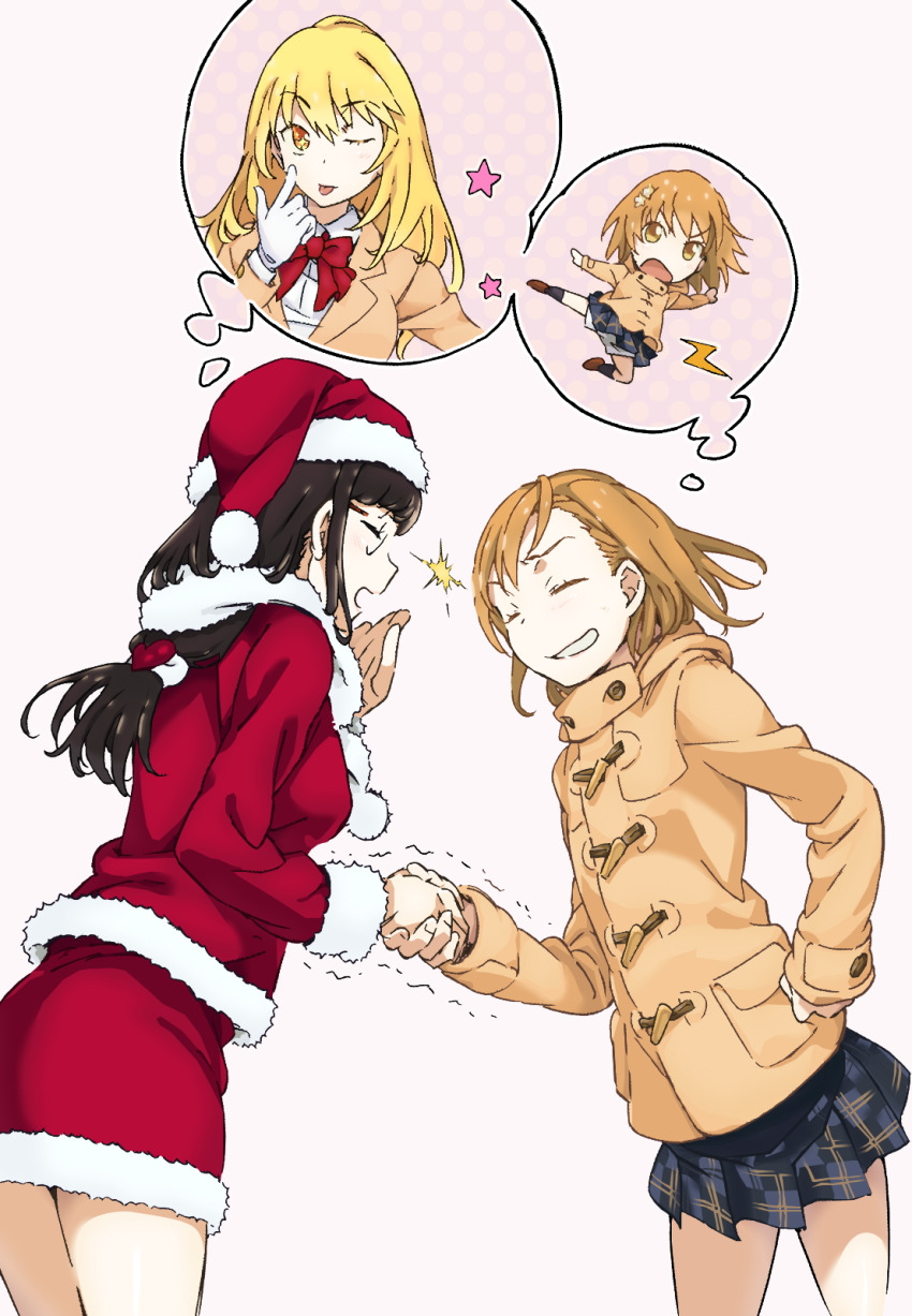 3girls, black_hair, blonde_hair, blouse, blush, bow, bowtie, breasts, bright_pupils, brown_eyes, brown_hair, brown_jacket, chibi, closed_mouth, colorized, commentary, dual_persona, closed_eyes, feet_out_of_frame, flower, flower_on_head, from_side, full_body, gazing_eye, glasses, gloves, grey_skirt, grin, haimura_kiyotaka, hair_between_eyes, hair_flower, hair_ornament, hand_up, hands_up, handshake, hat, heart, highres, holding_hands, imagining, jacket, light_blush, light_brown_jacket, lightning_bolt_symbol, long_hair, long_sleeves, looking_at_another, looking_at_viewer, medium_breasts, medium_hair, miniskirt, misaka_mikoto, multicolored_eyes, multiple_girls, novel_illustration, official_art, one_eye_closed, open_mouth, orange_eyes, outstretched_arms, pleated_skirt, red_bow, red_bowtie, red_headwear, red_skirt, santa_costume, santa_hat, school_uniform, shirt, shokuhou_misaki, short_shorts, shorts, shorts_under_skirt, simple_background, skirt, smile, sparkle, sparkling_eyes, spoilers, standing, star_(symbol), symbol-shaped_pupils, t-shirt, tazuma_claire, teeth, thighs, toaru_majutsu_no_index, toaru_majutsu_no_index:_new_testament, tokiwadai_school_uniform, tongue, tongue_out, turtleneck, upper_body, v-shaped_eyebrows, white_background, white_flower, white_gloves, white_shirt, white_shorts, yellow_pupils