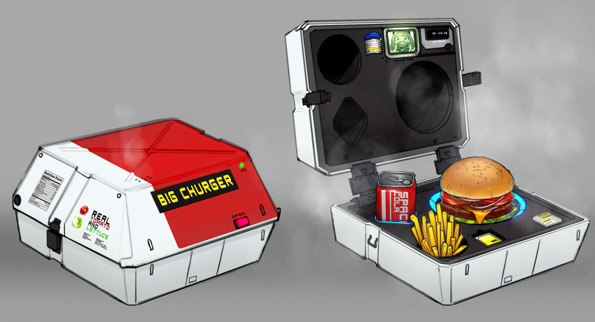 1girl, box, burger, cable, can, cheese, cola, commentary, drink, drink_can, eating, english_commentary, english_text, fast_food, food, food_focus, french_fries, grey_background, highres, holding, holding_food, lettuce, onion, open_box, original, pause_button, play_button, psyk323, rewind_button, science_fiction, simple_background, soda_can, steam, still_life, tomato