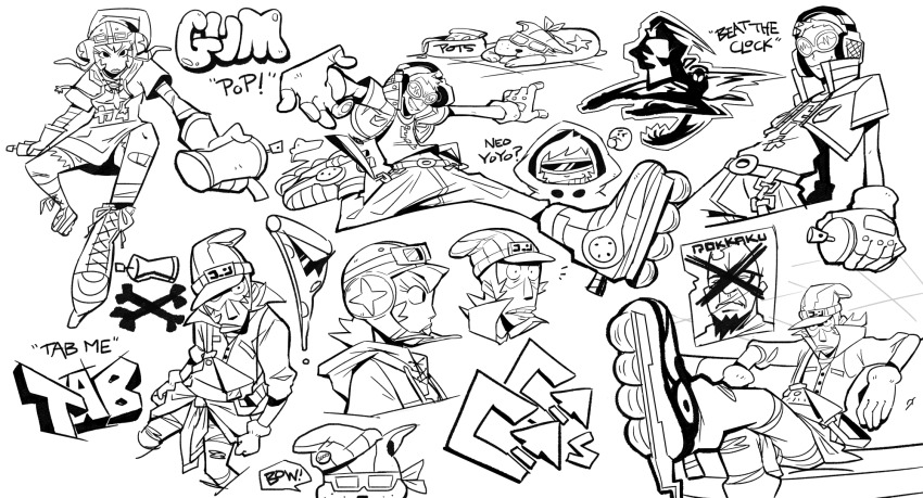 1girl, 4boys, bandaid, bandaid_on_leg, beat_(jsr), belt, boots, bowl