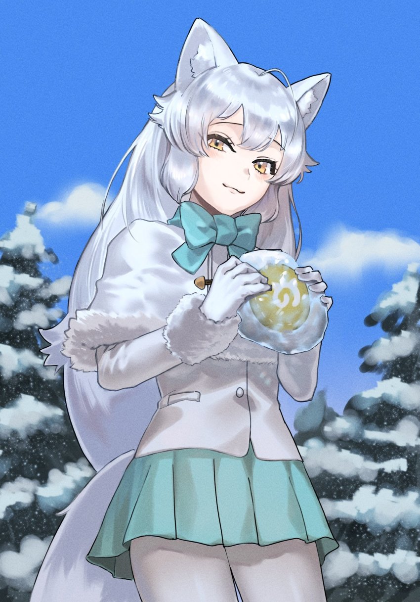 1girl, :3, animal_ears, arctic_fox_(kemono_friends), blue_bow, blue_bowtie, blue_skirt, blush, bow, bowtie, capelet, coat, commentary_request, cowboy_shot, food, fox_ears, fox_girl, fox_tail, from_below, frozen, fur_trim, gloves, highres, inaniku_illust, japari_bun, japari_symbol, kemono_friends, long_hair, long_sleeves, looking_at_viewer, pantyhose, pleated_skirt, sidelocks, skirt, solo, tail, white_capelet, white_coat, white_fur, white_gloves, white_pantyhose, winter_clothes, winter_coat, yellow_eyes