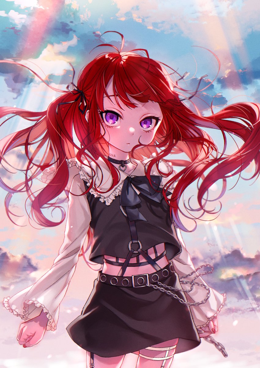 1boy, absurdres, arms_at_sides, belt, black_bow, black_ribbon, black_skirt, black_vest, blouse, bow, chain, closed_mouth, cloud, cloudy_sky, commentary, cowboy_shot, crop_top, dancho_(dancyo), frilled_sleeves, frills, garter_straps, hair_ribbon, heart_collar, highres, indie_virtual_youtuber, kurumi_(zettai_tenshi_kurumi-chan), legwear_garter, light_rays, long_hair, long_sleeves, looking_at_viewer, midriff, nail_polish, o-ring, pencil_skirt, purple_eyes, red_hair, red_nails, ribbon, shirt, skirt, sky, sleeves_past_wrists, solo, sunlight, two_side_up, vest, virtual_youtuber, white_shirt