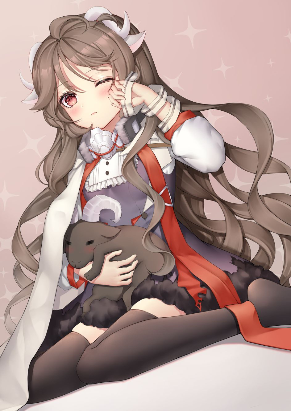 1girl, ahoge, animal, animal_ears, arknights, black_thighhighs, blush, brown_hair