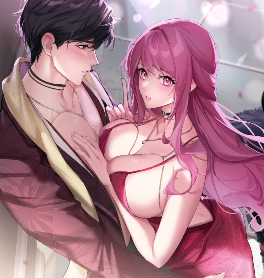 1boy, 1girl, against_wall, alcohol, arm_under_breasts, backless_dress, backless_outfit, bare_arms