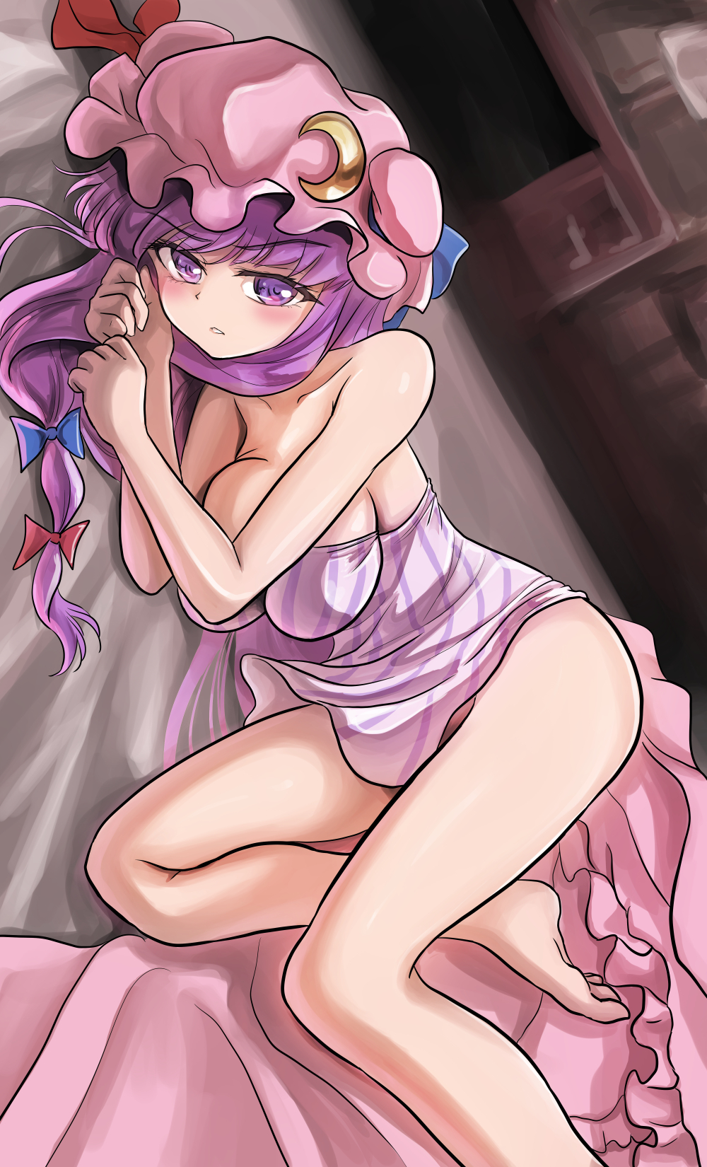 1girl, bare_legs, blunt_bangs, breasts, cleavage, convenient_censoring, convenient_leg, crescent