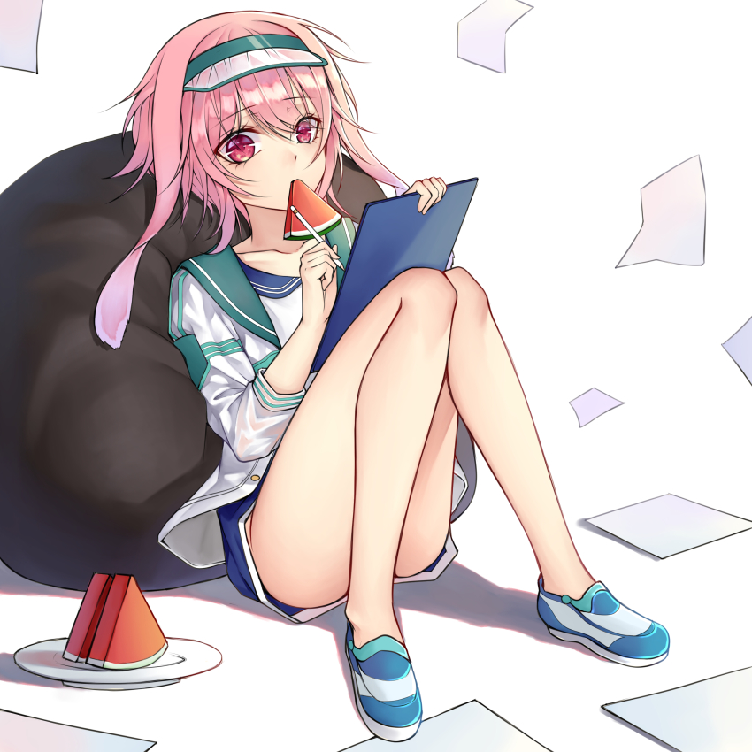 1boy, absurdres, animal_ears, ansel_(arknights), ansel_(casual_vacation)_(arknights), arknights, bean_bag_chair, blouse, blue_shoes, blue_shorts, clipboard, cloud_(cloud-v-), collarbone, eating, floppy_ears, food, food_in_mouth, fruit, highres, holding, holding_clipboard, holding_pencil, knees_up, looking_at_viewer, male_focus, official_alternate_costume, paper, pencil, pink_eyes, pink_hair, plate, rabbit_ears, shirt, shoes, short_hair, shorts, sitting, solo, thighs, trap, visor_cap, watermelon, watermelon_slice, white_shirt