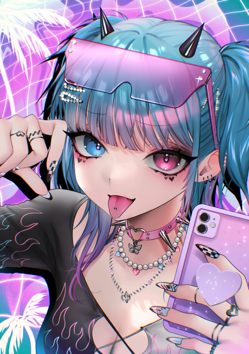1girl, arm_up, bead_necklace, beads, bitaro, black_shirt, blouse, blue_eyes