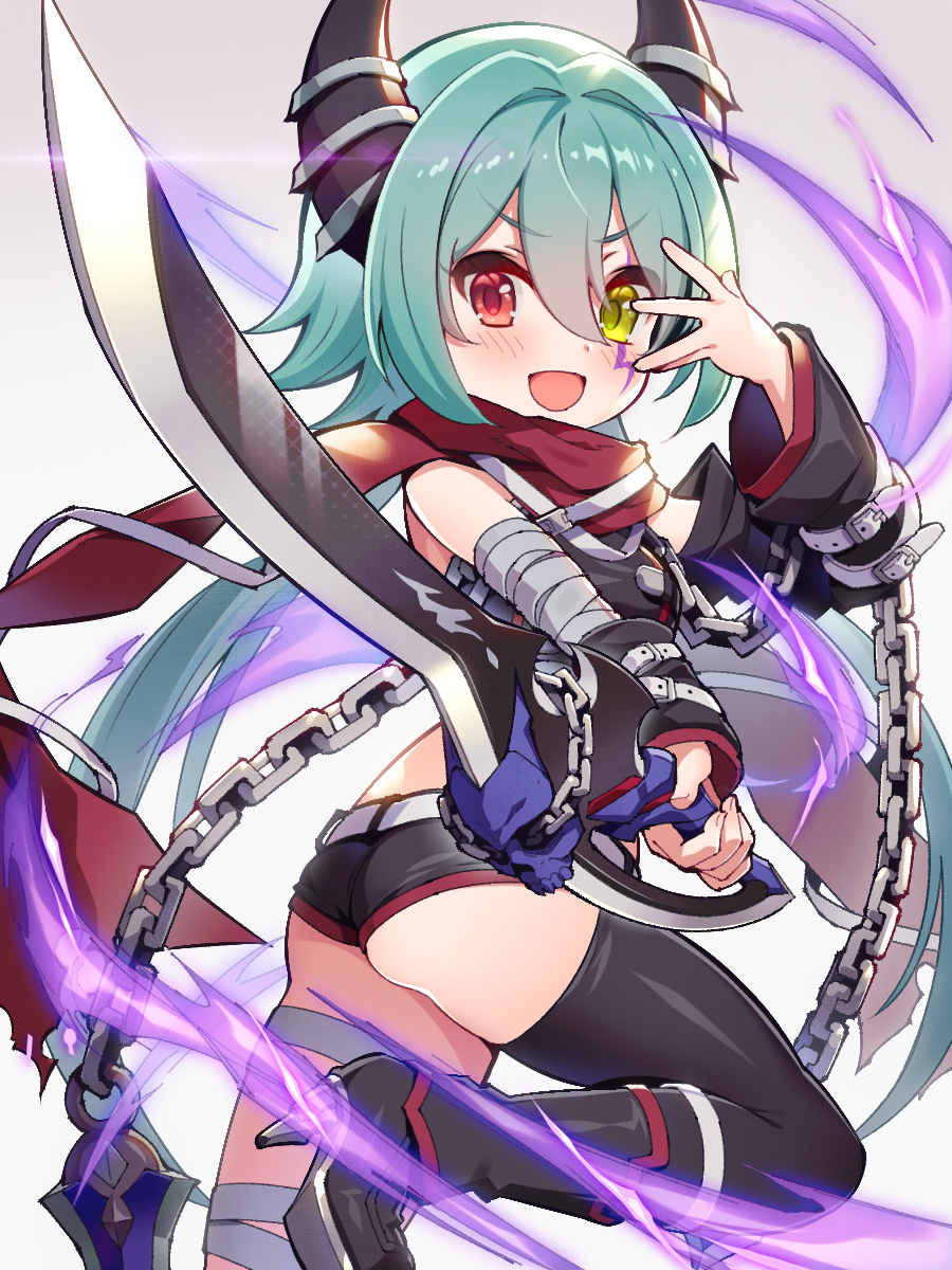 1girl, anna_(princess_connect!), asymmetrical_legwear, bandages, blush, chain, detached_sleeves, green_hair