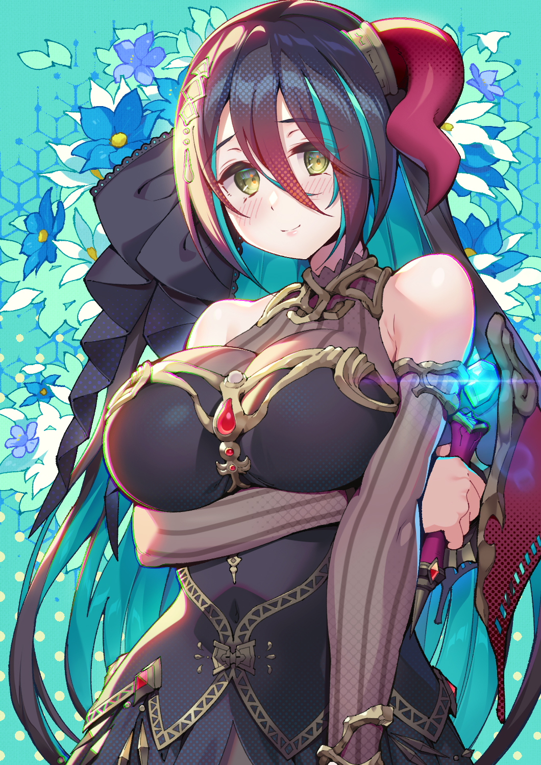 1girl, aqua_background, arm_under_breasts, artist_request, bare_shoulders, black_hair, breasts, detached_sleeves