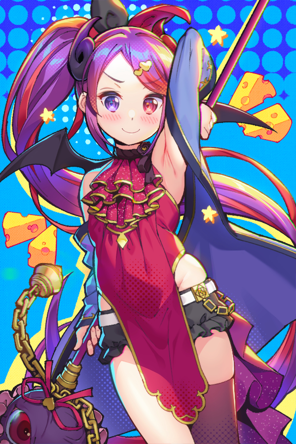 1girl, arm_up, armlet, armpits, artist_request, asymmetrical_legwear, bare_shoulders, blue_background