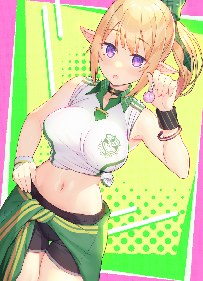 1girl, bare_shoulders, blonde_hair, bow, bracelet, breasts, candy, chloe_(princess_connect!), chloe_(school_festival)_(princess_connect!), choker, clothes_around_waist, elf, eyes_visible_through_hair, food, hair_bow, hand_on_own_hip, highres, jewelry, large_breasts, lollipop, looking_at_viewer, midriff, moguru, navel, open_mouth, plaid_clothes, plaid_collar, pointy_ears, ponytail, princess_connect!, purple_eyes, shorts, sleeveless, solo, sweater, sweater_around_waist