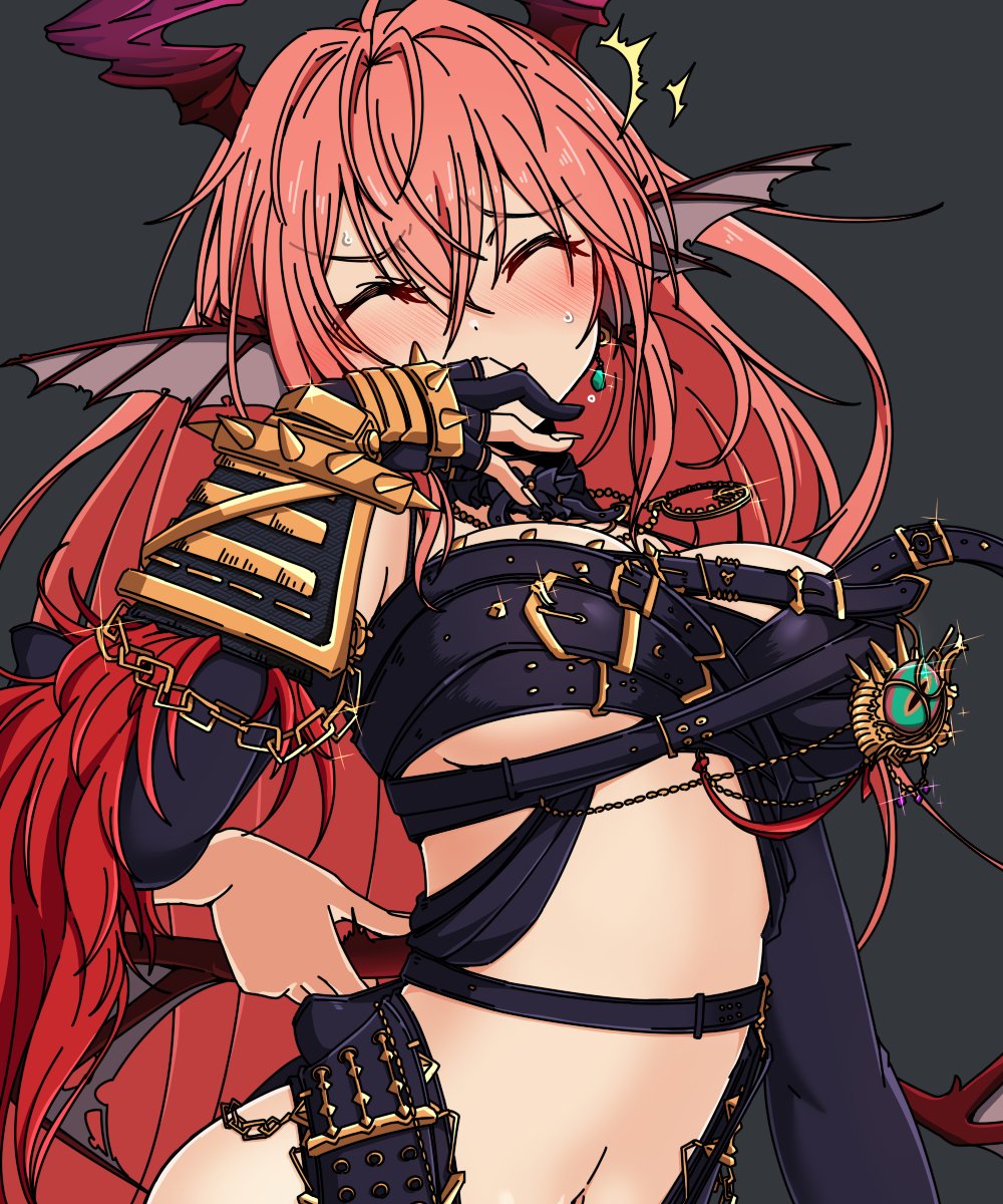 1girl, blush, breasts, dungeon_and_fighter, earrings, grey_background, hand_on_own_face, highres, horns, jewelry, knight_(dungeon_and_fighter), large_breasts, laughing, navel, pink_hair, solo, sss_(komojinos3), tickling, upper_body
