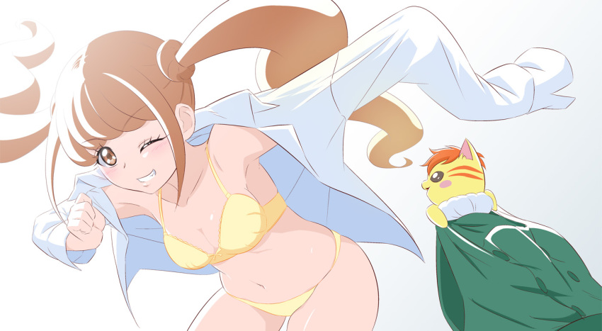 1girl, blouse, bra, breasts, brown_eyes, brown_hair, collared_shirt, dress_shirt