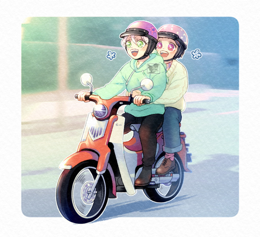 2girls, :d, alternate_universe, black_hair, blue_pants, border, braid, braided_ponytail