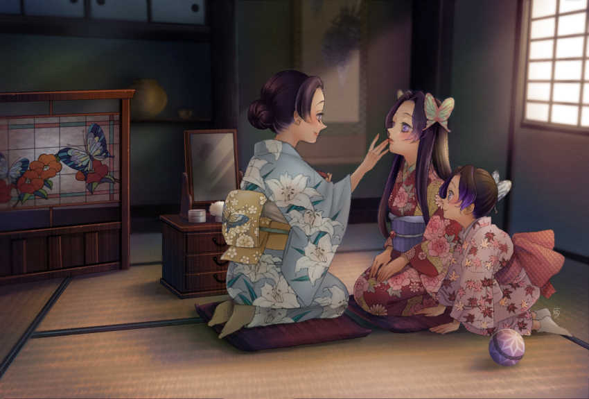 3girls, aged_down, applying_makeup, arm_support, ball, black_hair, blue_kimono, blurry
