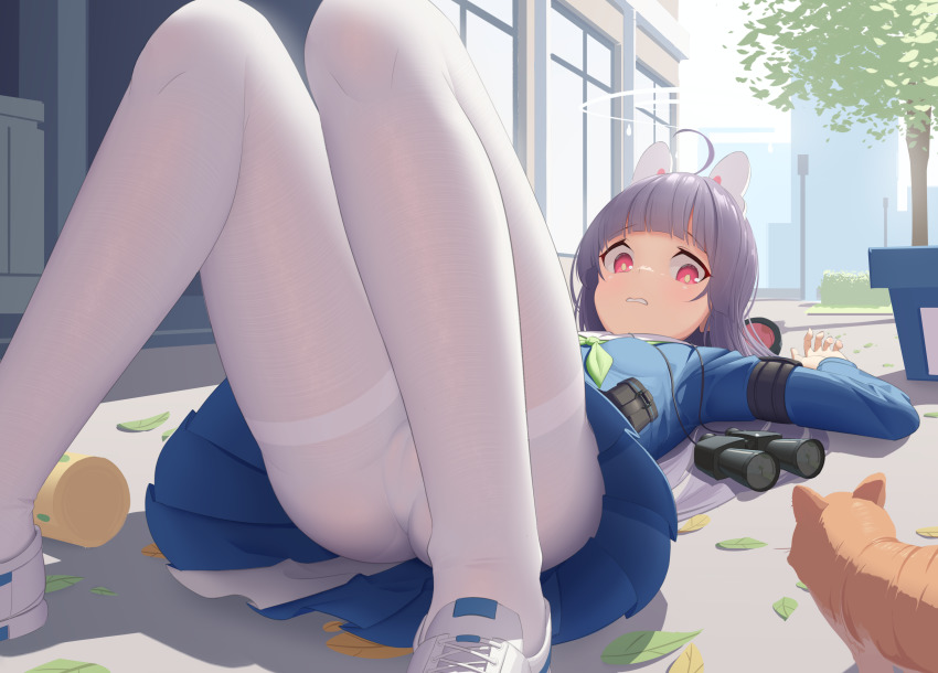 1girl, absurdres, ahoge, animal, animal_ears, arm_up, binoculars, black_hair, blouse, blue_archive, blue_shirt, blue_skirt, blunt_bangs, bright_pupils, cameltoe, clenched_teeth, commentary, day, english_commentary, fake_animal_ears, flustered, from_below, grey_hair, halo, headband, highres, knees_up, leaf, legs, long_hair, long_sleeves, looking_at_animal, looking_at_viewer, lying, miyu_(blue_archive), neckerchief, on_back, on_ground, open_mouth, outdoors, pantyhose, parted_lips, pavement, pleated_skirt, purple_eyes, rabbit_ears, red_eyes, revision, sailor_collar, school_uniform, see-through_clothes, see-through_legwear, serafuku, shadow, shirt, shoelaces, shoes, skirt, sneakers, solo, teeth, tenroy, thighband_pantyhose, thighs, tree, upskirt, weasel, white_pantyhose, white_pupils, white_shoes