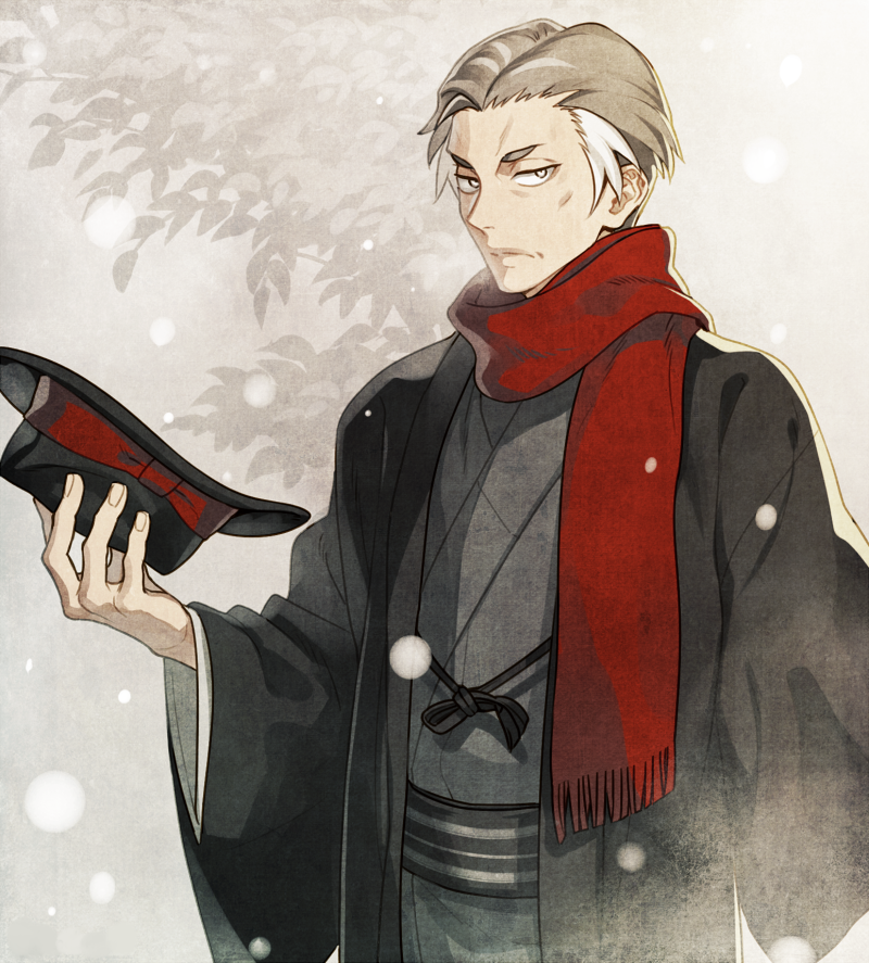 1boy, alternate_costume, black_eyes, black_hat, black_jacket, black_sash, bow, bright_pupils