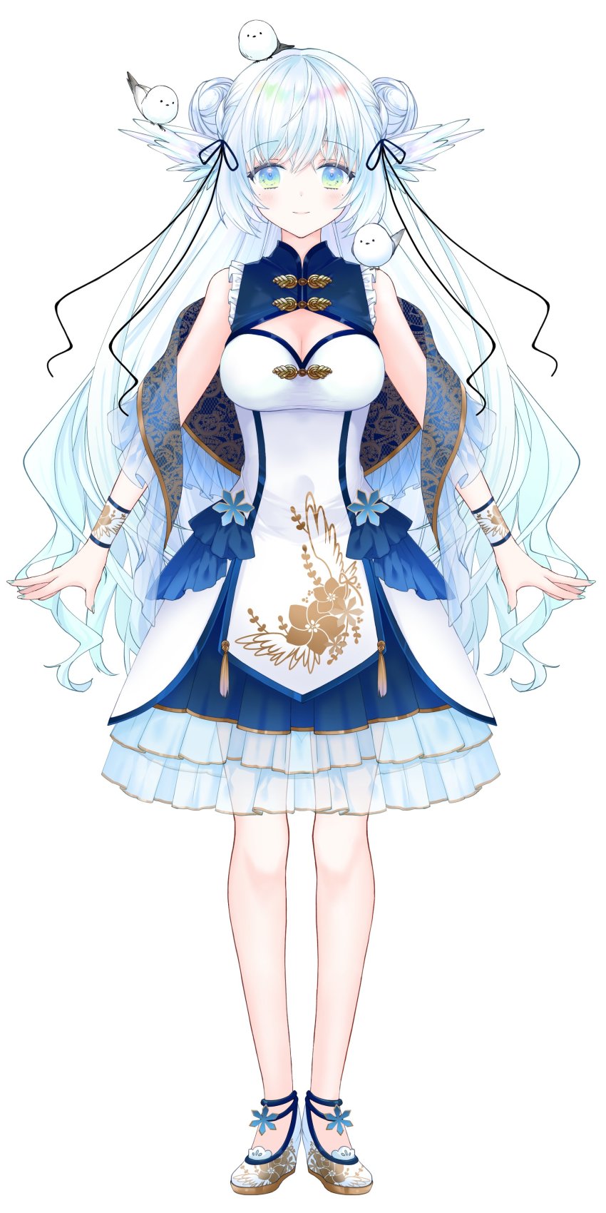 1girl, absurdres, animal, ankle_strap, arms_at_sides, bird, blue_eyes, blue_hair