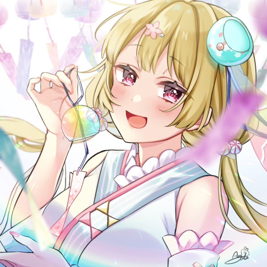 1girl, anzu_1026, blonde_hair, fuuka_rin, hair_ornament, highres, indie_virtual_youtuber, light_blush, looking_at_viewer, low_twintails, open_mouth, pink_eyes, signature, smile, solo, twintails, upper_body, virtual_youtuber, wind_chime