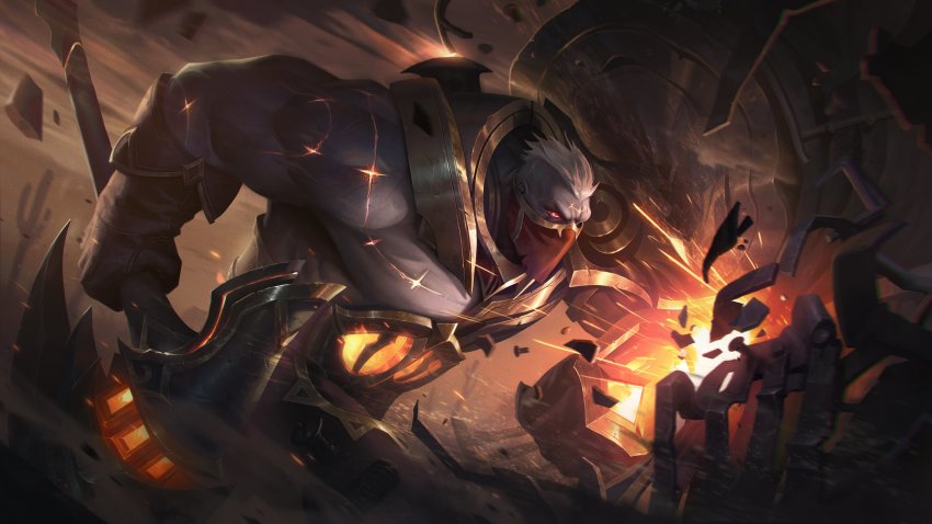 1boy, absurdres, armor, axe, brown_gloves, cactus, colored_skin, from_side, gloves, glowing, grey_hair, grey_skin, high_noon_sion, highres, holding, holding_axe, holding_shield, holding_weapon, league_of_legends, mask, mouth_mask, muscular, muscular_male, official_art, outdoors, red_eyes, red_mask, scar, second-party_source, shield, short_hair, sion, sion_(league_of_legends), solo, weapon