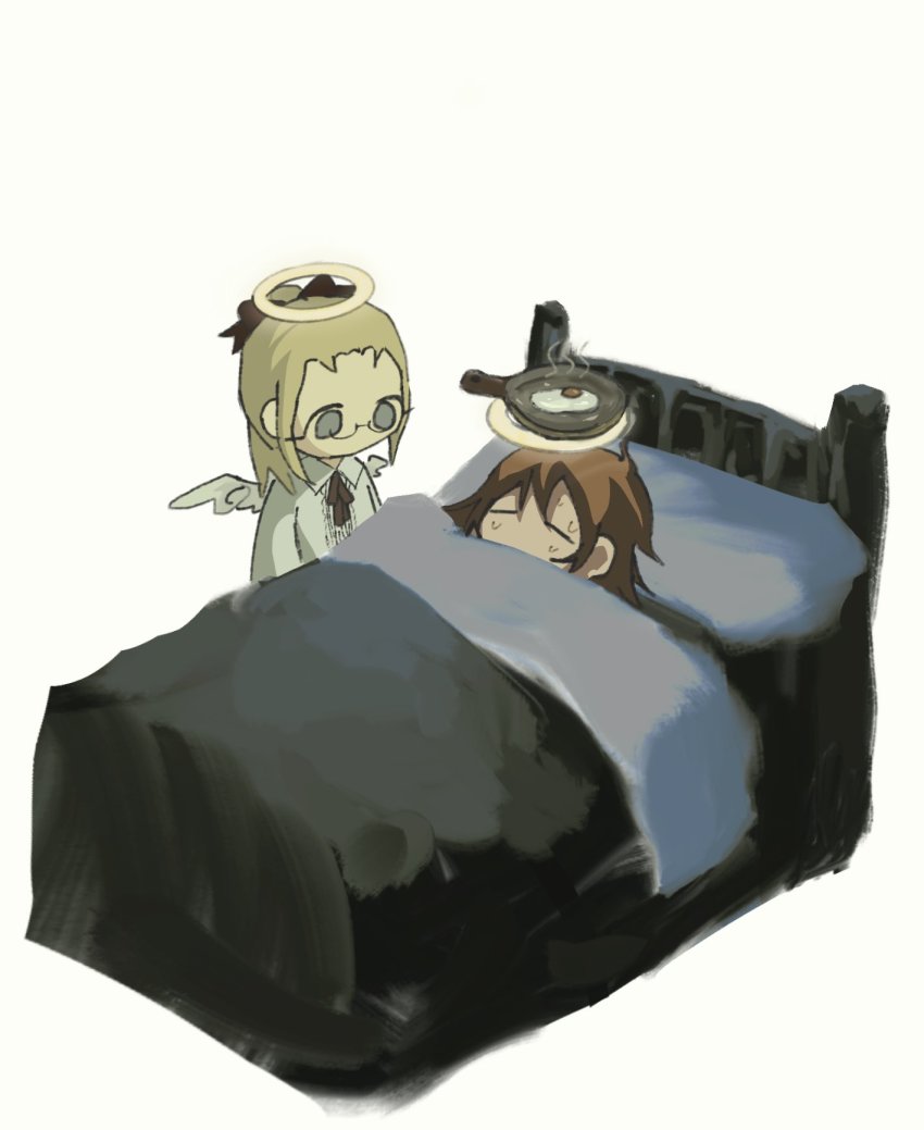 angel, angel_wings, bed, blonde_hair, blue_eyes, chibi, closed_eyes, cooking, feathered_wings, fried_egg, frying_pan, glasses, haibane_renmei, halo, highres, hikari_(haibane_renmei), ny4_3zk, rakka_(haibane_renmei), sick, simple_background, static_cling, traditional_halo, under_covers, white_background, wings
