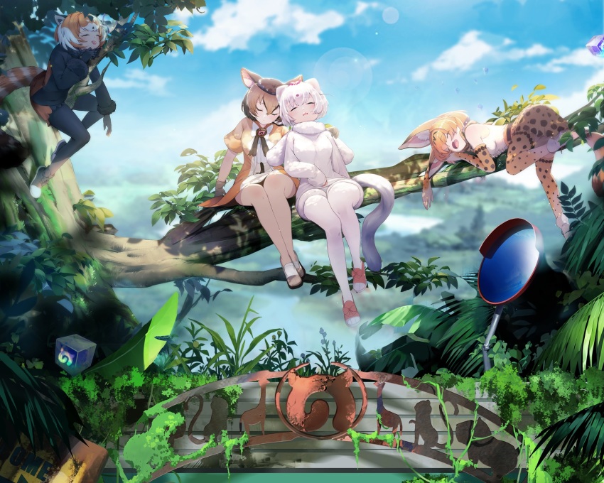 4girls, animal_costume, animal_ears, blonde_hair, cat_ears, cat_girl, cat_tail, chevrotain_(kemono_friends)