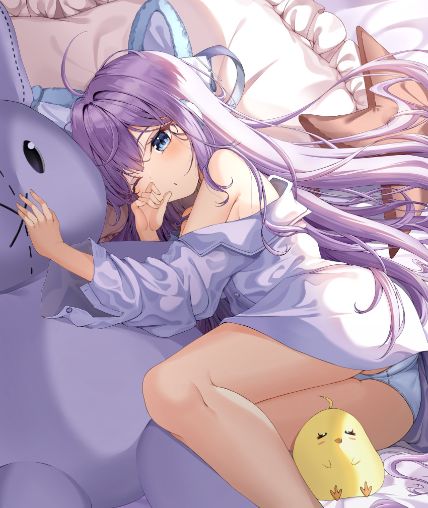 1girl, absurdres, azur_lane, baby_animal, bed, bed_sheet, bird, blouse
