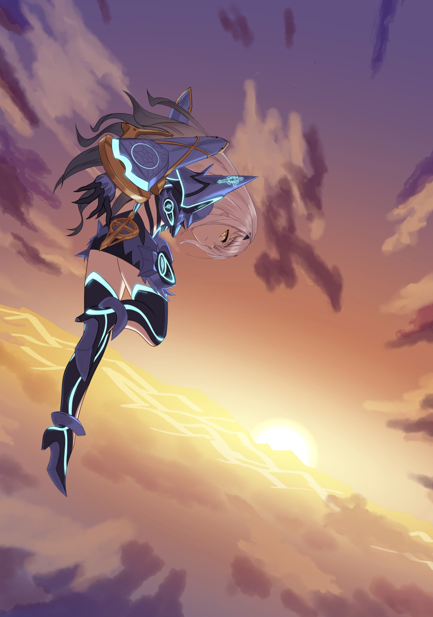 1girl, absurdres, melusine_(fate), melusine_(first_ascension)_(fate), fate/grand_order, fate_(series), flying, highres, long_hair, sky, smile, sunset, user_hxhr3342, white_hair, yellow_eyes