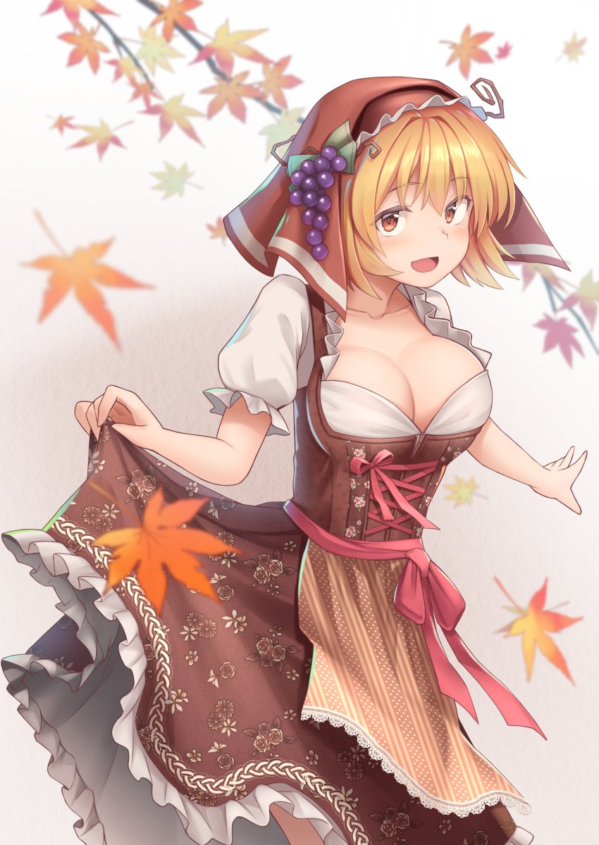 1girl, aki_minoriko, alternate_costume, apron, arm_up, autumn_leaves, belt, blouse