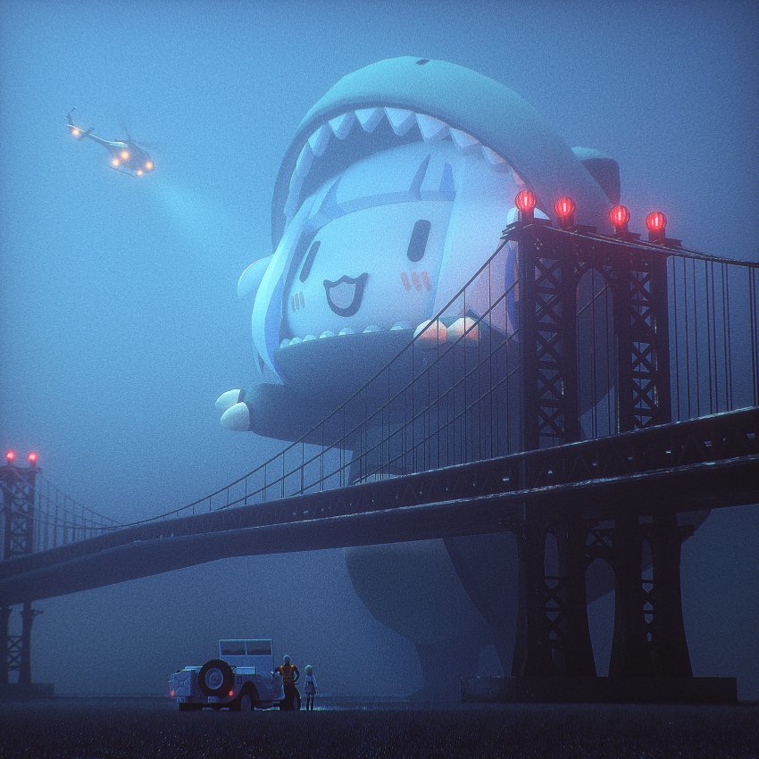 1boy, 2girls, absurdres, aircraft, bridge, cyan_(lilillililxx), dinosaur_costume, film_grain, gawr_gura, giant, giantess, helicopter, highres, hololive, hololive_english, jerry_can, military_jeep, motor_vehicle, multiple_girls, night, outdoors, searchlight, smol_gura, suspension_bridge, virtual_youtuber, watson_amelia