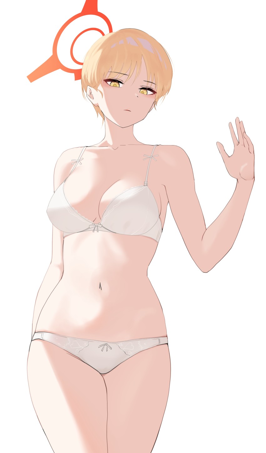 1girl, absurdres, arm_behind_back, arm_up, bare_shoulders, blonde_hair, blue_archive, bra