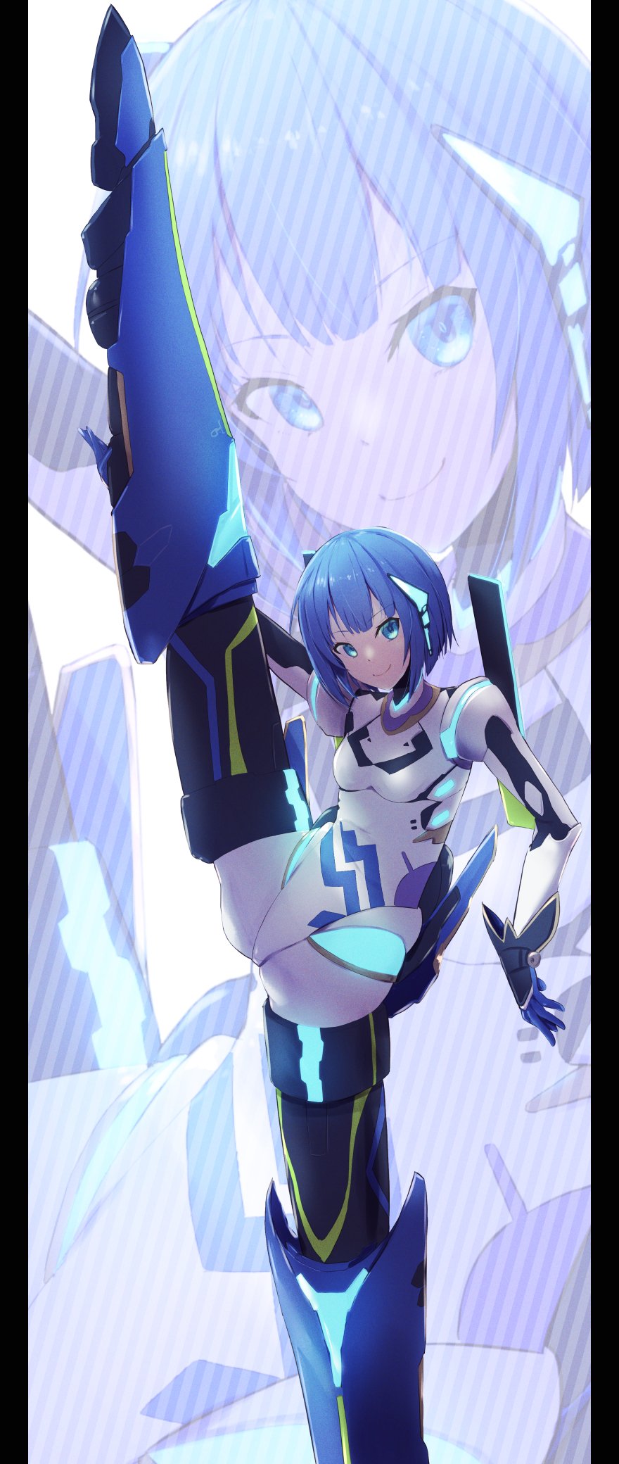 1girl, arya_nadi, blue_eyes, blue_hair, blunt_bangs, bob_cut, bodysuit, breasts, commentary_request, cyborg, highres, jishoochihei_sensen_aditiya, leg_hold, leg_lift, leg_up, looking_at_viewer, okina_(805197), pillarboxed, plantar_flexion, prosthesis, prosthetic_leg, shinza_bansho_series, short_hair, small_breasts, smile, split, standing, standing_on_one_leg, standing_split, white_bodysuit, zoom_layer