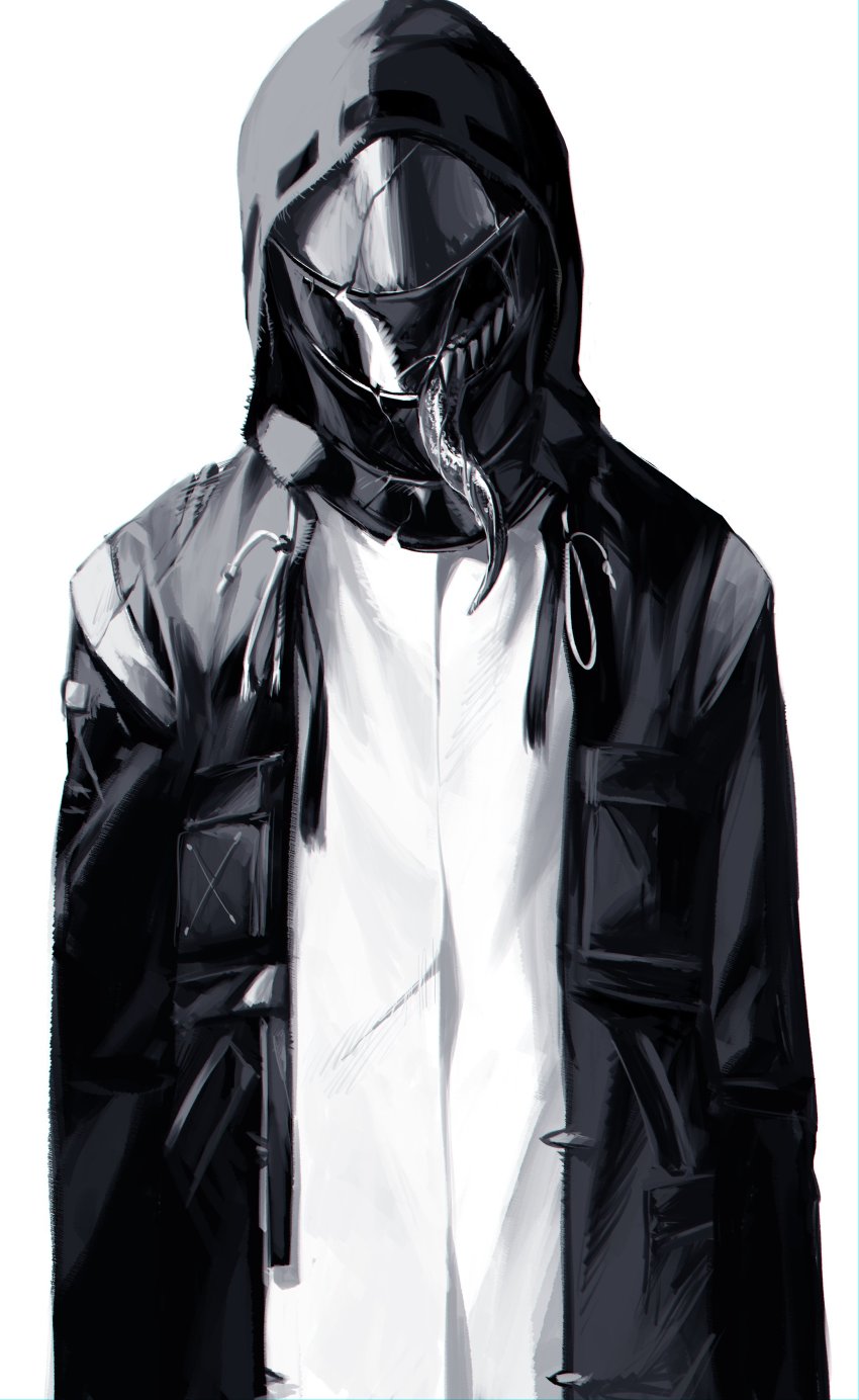 1other, absurdres, arknights, coat, cracked_mask, doctor_(arknights), facing_viewer, greyscale, highres, hood, hood_up, hooded_coat, long_sleeves, long_tongue, mask, monochrome, open_clothes, open_coat, oxy_(ho2), sharp_teeth, simple_background, teeth, tongue, white_background