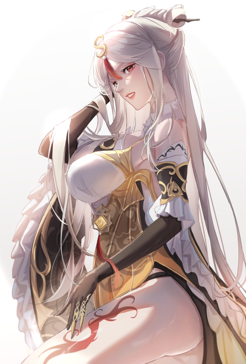 1girl, black_gloves, breasts, cain_art811, clawed_gauntlets, commentary, cowboy_shot, dress