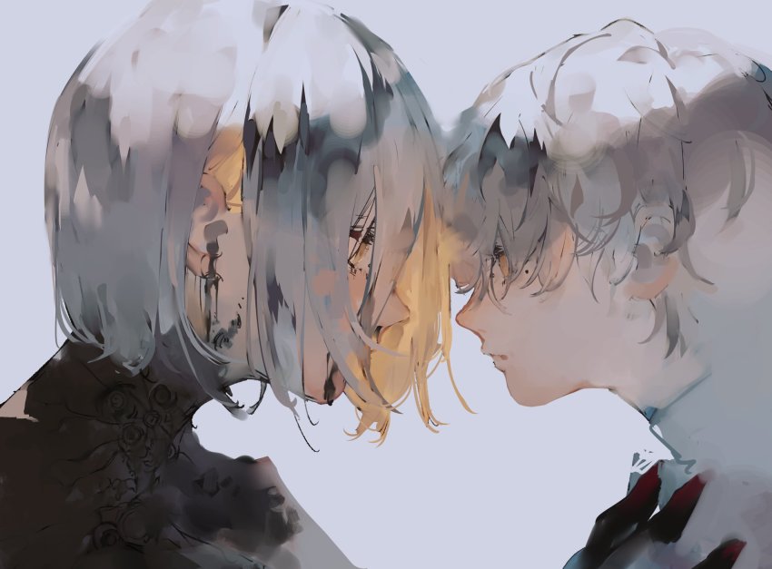 1boy, 1girl, 2b_(nier:automata), 9s_(nier:automata), black_gloves, gloves, hair_between_eyes, highres