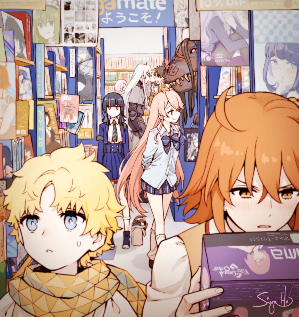 3boys, 4girls, ahoge, animate_(company), bag, black_hair, blonde_hair, blouse
