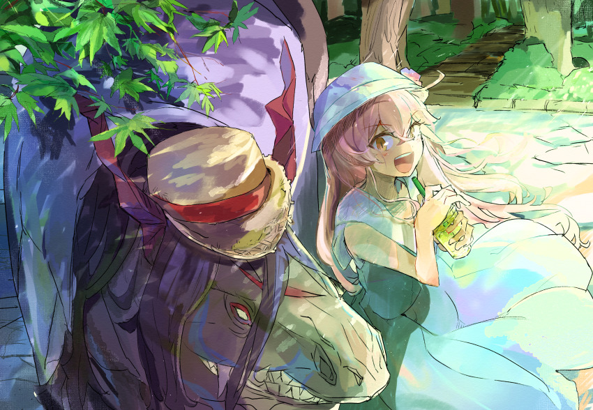 2girls, black_hair, blue_dress, blue_headwear, blush, body_markings, cup, dinosaur, disposable_cup, dress, fangs, fate/grand_order, fate/requiem, fate_(series), hat, highres, horns, japanese_clothes, karin_(fate), kijo_kouyou_(fate), kijo_kouyou_(first_ascension)_(fate), kimono, kimono_on_shoulders, light_rays, long_hair, long_sleeves, multiple_girls, noha_kome, open_mouth, pink_hair, sitting, smile, straw_hat, tree, tyrannosaurus_rex, white_eyes, white_kimono, yellow_eyes