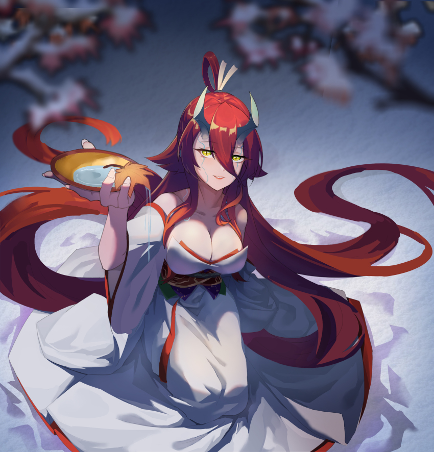 1girl, absurdres, alcohol, bare_shoulders, breasts, brown_hair, cleavage, collarbone, cup, detached_sleeves, diver_(765610768), fate/grand_order, fate/requiem, fate_(series), gradient_hair, hair_between_eyes, highres, horns, japanese_clothes, kijo_kouyou_(fate), kijo_kouyou_(third_ascension)_(fate), kimono, large_breasts, leaf, long_bangs, long_hair, looking_at_viewer, maple_leaf, multicolored_hair, orange_hair, ponytail, rope, sakazuki, sake, sash, seiza, sitting, sleeveless, sleeveless_kimono, slit_pupils, smile, very_long_hair, white_kimono, wide_sleeves, yellow_eyes