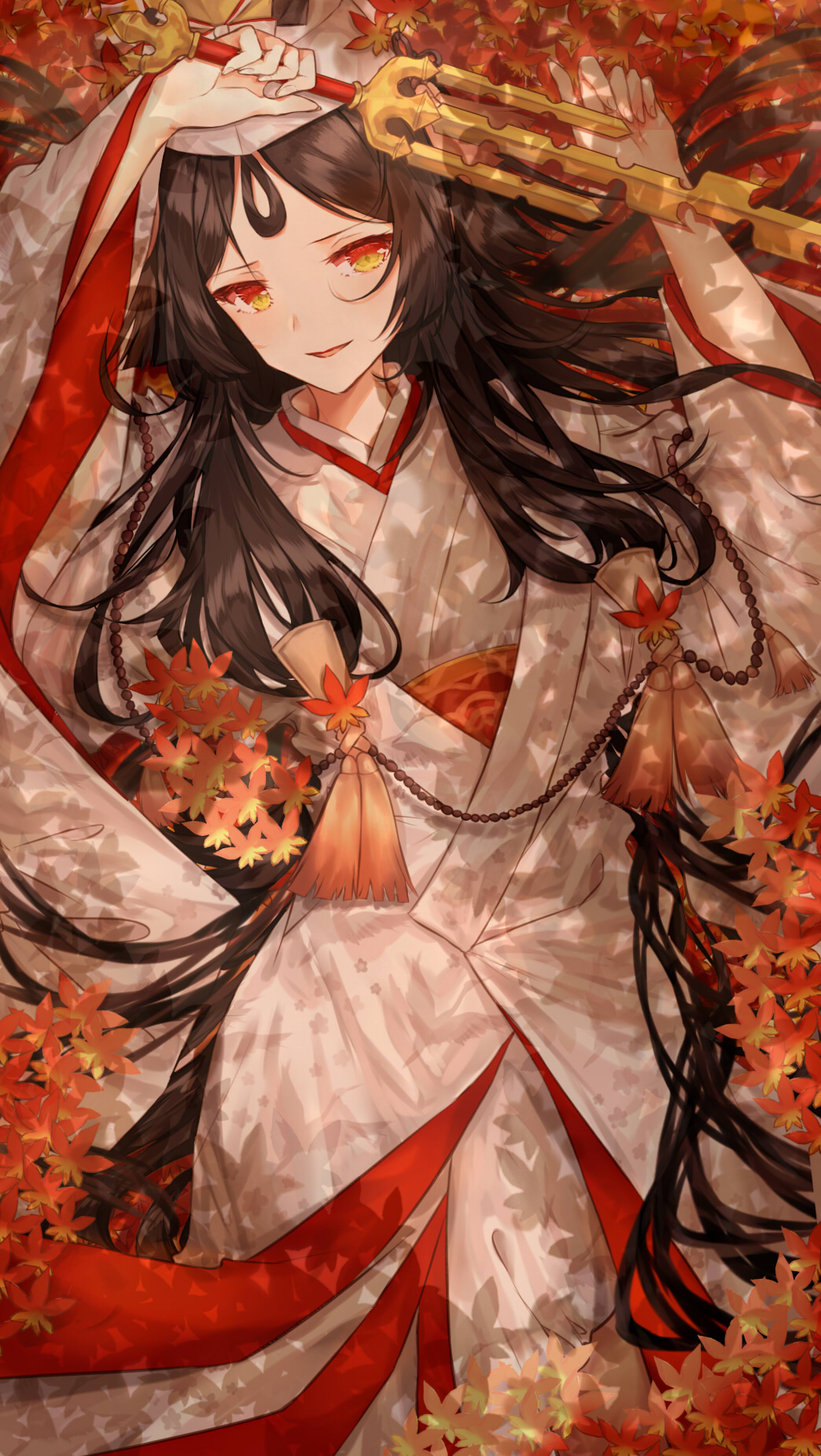 1girl, arms_up, beads, breasts, brown_hair, fate/grand_order, fate/requiem, fate_(series)