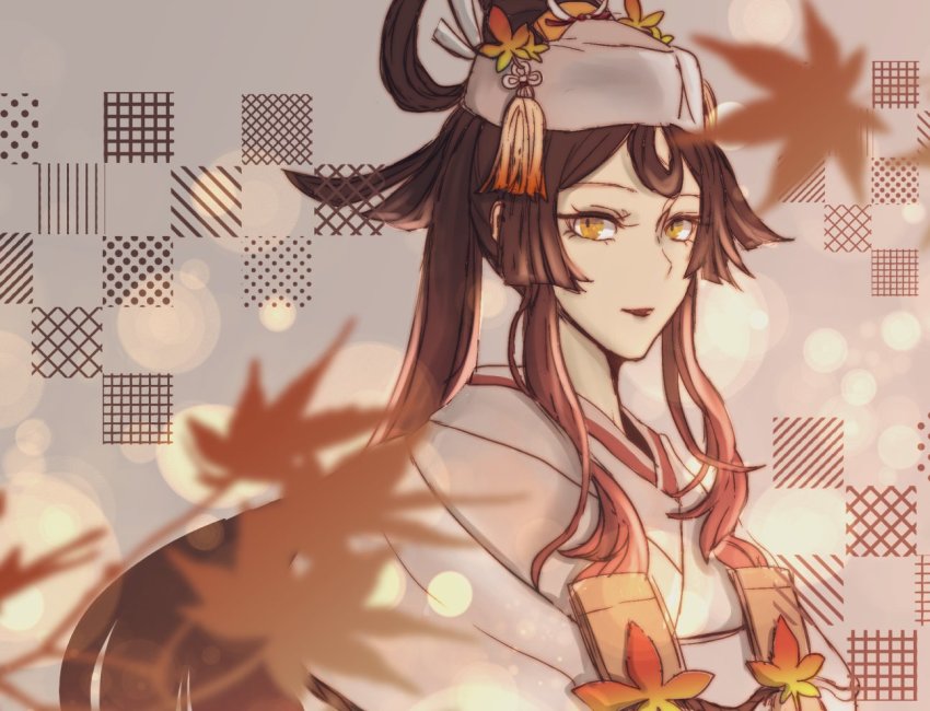 1girl, breasts, brown_hair, checkered_background, fate/grand_order, fate/requiem, fate_(series), hat