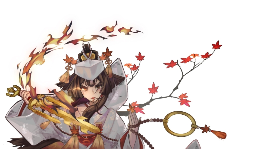 1girl, beads, branch, breasts, brown_hair, fate/grand_order, fate/requiem, fate_(series)