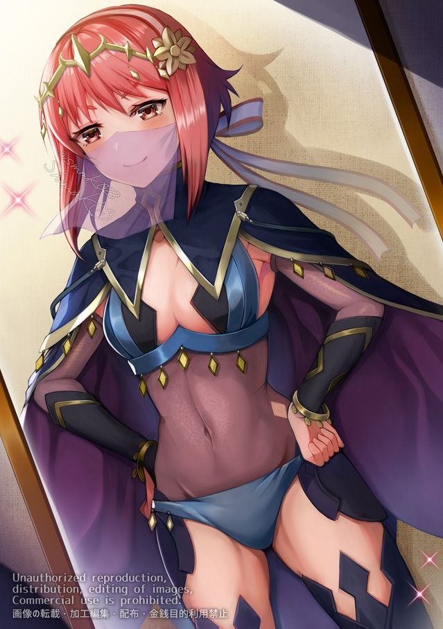 1girl, blue_cape, blue_panties, bodystocking, breasts, bridal_gauntlets, cape, cleavage, cosplay, covered_navel, dark_mage_(fire_emblem_fates), eyes_visible_through_hair, fire_emblem, fire_emblem_fates, groin, hairband, hands_on_own_hips, medium_breasts, mouth_veil, nintendo, nyx_(fire_emblem), nyx_(fire_emblem)_(cosplay), official_alternate_costume, panties, pink_hair, red_eyes, revealing_clothes, sakura_(fire_emblem), see-through_clothes, shadow, shimako_(smk023), short_hair, signature, skin_tight, smile, solo, star_(symbol), tiara, tight_clothes, twitter_username, underwear, veil