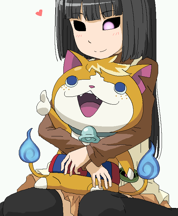 1girl, animal_ears, apron, bell, black_eyes, black_hair, black_sclera, black_socks, blue_eyes, blush, brown_dress, cat, cat_ears, colored_sclera, dress, empty_eyes, fangs, fire, freckles, happy, heart, hug, kneehighs, long_hair, long_sleeves, looking_down, looking_up, mono_ai, open_mouth, original, outstretched_arm, pink_pupils, simple_background, sitting, smile, socks, stuffed_animal, stuffed_toy, tail, thumbs_up, tomnyan, tomu_(tomubobu), toy, white_background, youkai_watch, youkai_watch_3