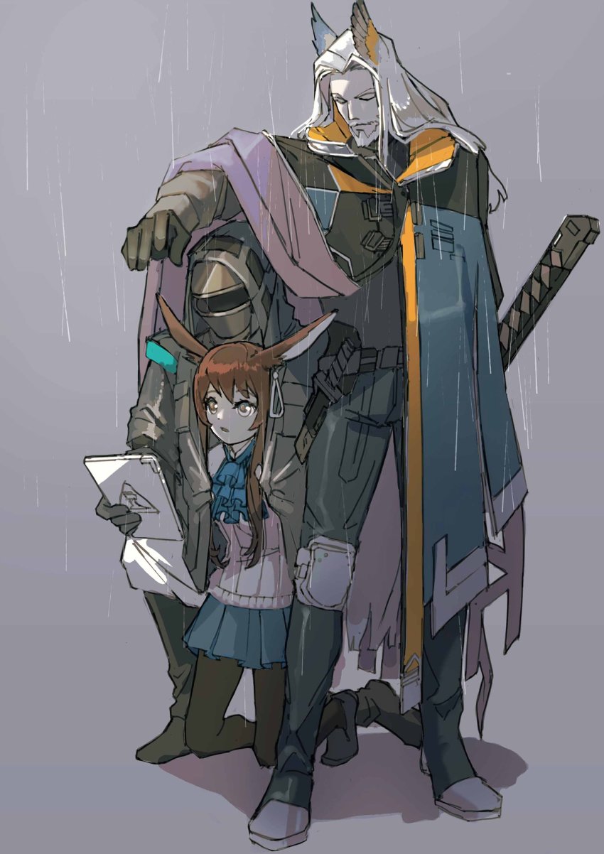 1boy, 1girl, 1other, amiya_(arknights), animal_ears, arknights, ascot, beard, belt, blouse, blue_skirt, brown_hair, closed_eyes, coat, coat_on_shoulders, covering_privates, dagger, doctor_(arknights), facial_hair, head_wings, hellagur_(arknights), highres, holding, holding_tablet_pc, knife, long_hair, no_jacket, oaza, rabbit_ears, rain, sheath, sheathed, shirt, skirt, smile, sword_hilt, tablet_pc, thighhighs, torn_clothes, torn_coat, weapon, white_hair, white_shirt, wings